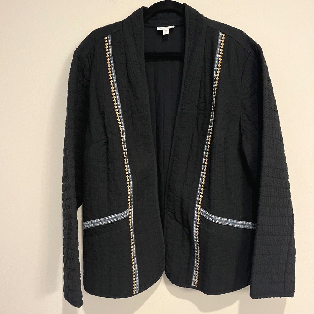 J. Jill Pure Jill Open Front Quilted Jacket Blazer Topper Black‎ Embroidered XL